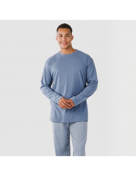 Pijama largo algodón hombre Raya Linares azul pijamas-largos-hombre