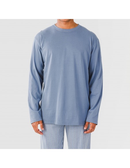 Pijama largo algodón hombre Raya Linares azul pijamas-largos-hombre