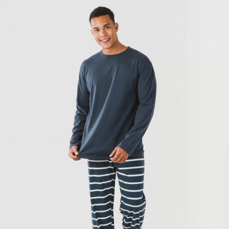 Pijama largo algodón hombre Raya Sailor azul marino pijamas-largos-hombre