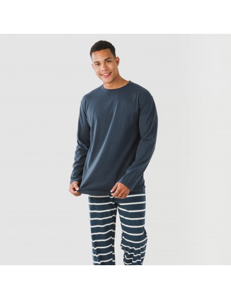 Pijama largo algodón hombre Raya Sailor azul marino pijamas-largos-hombre