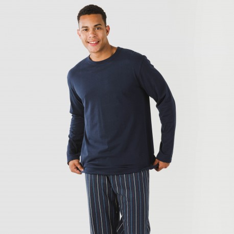 Pijama largo algodón hombre Raya San Luis azul marino pijamas-largos-hombre