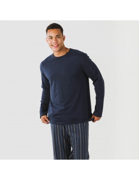 Pijama largo algodón hombre Raya San Luis azul marino pijamas-largos-hombre