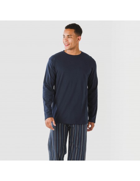 Pijama largo algodón hombre Raya San Luis azul marino pijamas-largos-hombre