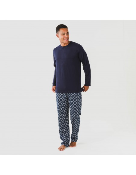 Pijama largo algodón hombre Checo azul marino pijamas-largos-hombre