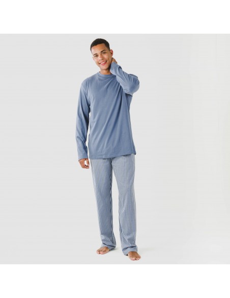 Pijama largo algodón hombre Raya Linares azul pijamas-largos-hombre