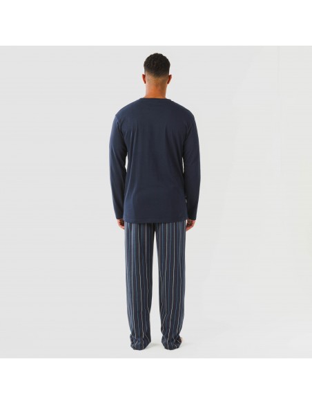 Pijama largo algodón hombre Raya San Luis azul marino pijamas-largos-hombre