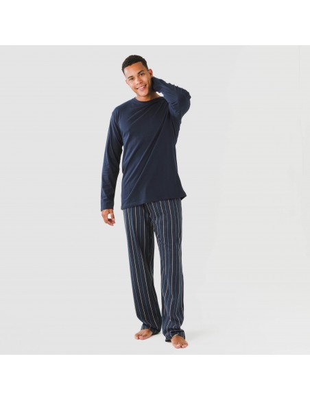 Pijama largo algodón hombre Raya San Luis azul marino pijamas-largos-hombre