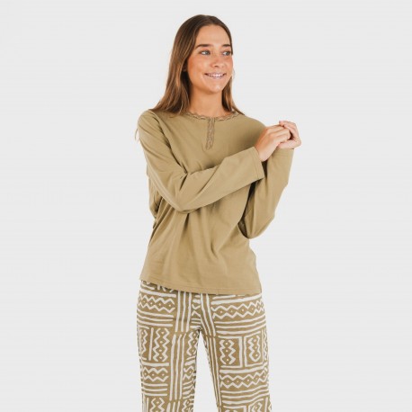 Pijama largo algodón Vinuesa arena pijamas-largos-de-mujer