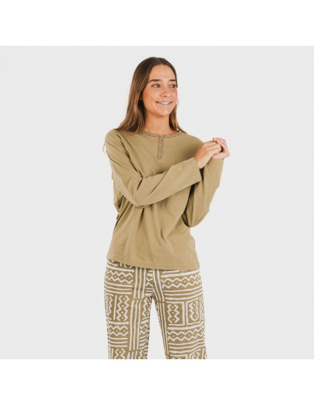 Pijama largo algodón Vinuesa arena pijamas-largos-de-mujer