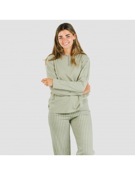 Pijama largo algodón Raya Beatrice verde caceria pijamas-largos-de-mujer