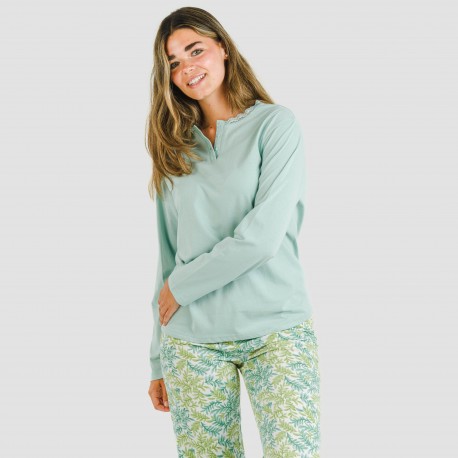 Pijama largo algodón Zafra verde azulado pijamas-largos-de-mujer