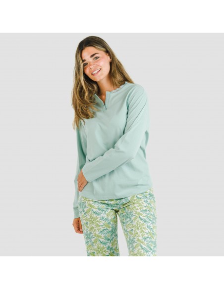 Pijama largo algodón Zafra verde azulado pijamas-largos-de-mujer