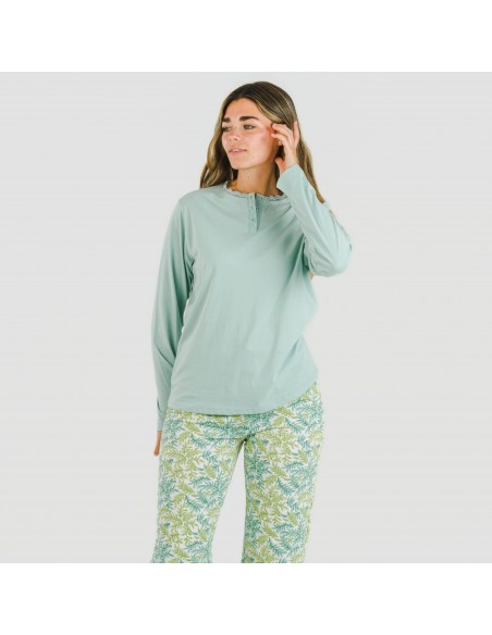 Pijama largo algodón Zafra verde azulado pijamas-largos-de-mujer