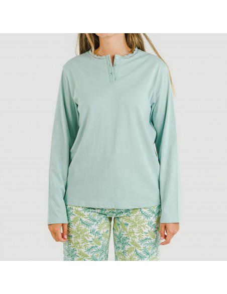 Pijama largo algodón Zafra verde azulado pijamas-largos-de-mujer