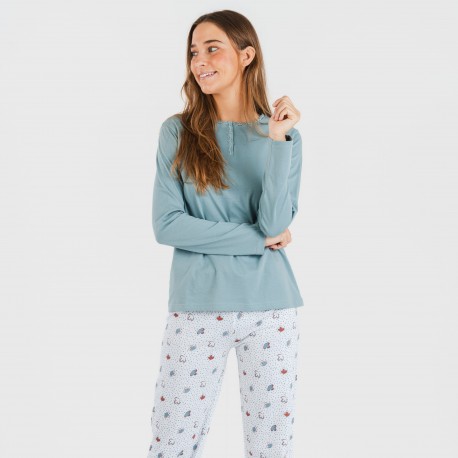 Pijama largo algodón Marquitos verde azulado pijamas-largos-de-mujer