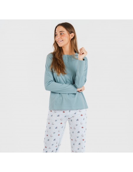 Pijama largo algodón Marquitos verde azulado pijamas-largos-de-mujer