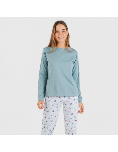 Pijama largo algodón Marquitos verde azulado pijamas-largos-de-mujer