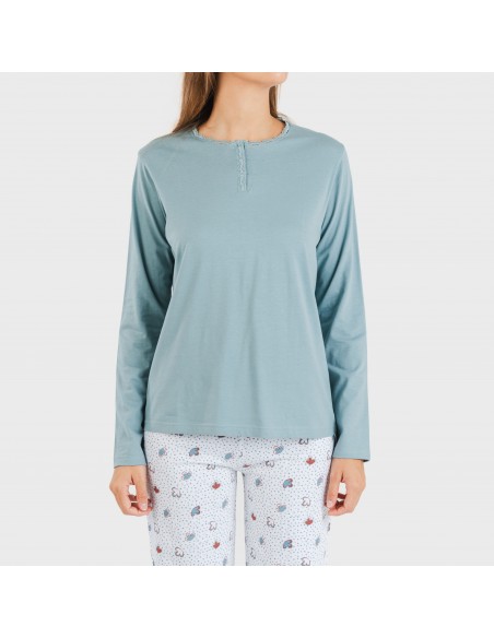 Pijama largo algodón Marquitos verde azulado pijamas-largos-de-mujer