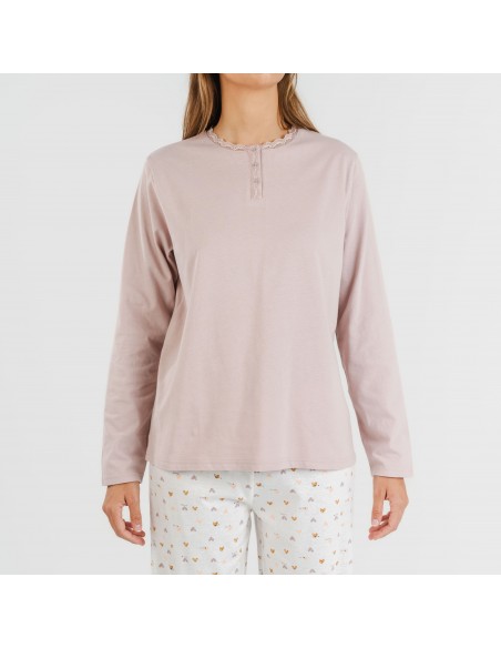 Pijama largo algodón Isita malva pijamas-largos-de-mujer