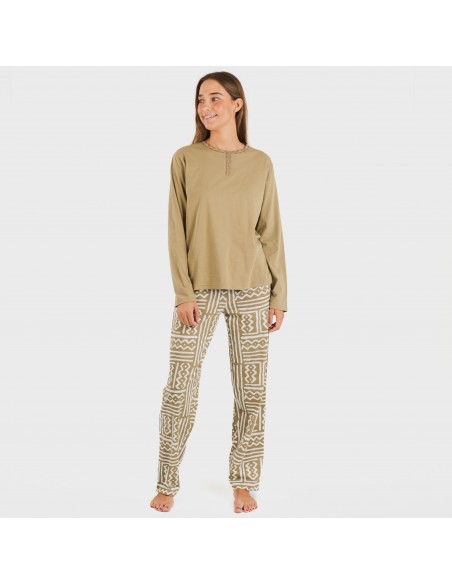 Pijama largo algodón Vinuesa arena pijamas-largos-de-mujer