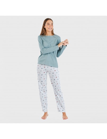 Pijama largo algodón Marquitos verde azulado pijamas-largos-de-mujer