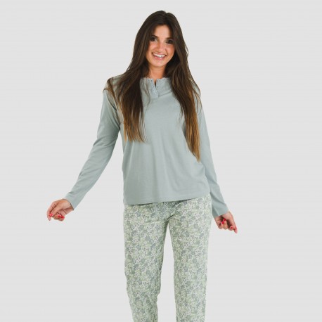 Pijama largo algodón Nadia verde azulado pijamas-largos-de-mujer