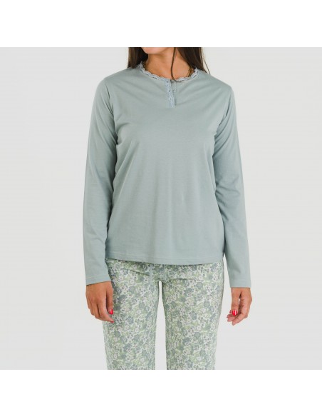 Pijama largo algodón Nadia verde azulado pijamas-largos-de-mujer