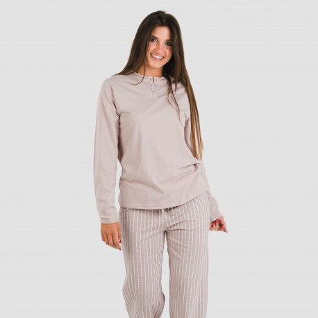 Pijama largo algodón Raya Beatrice malva pijamas-largos-de-mujer