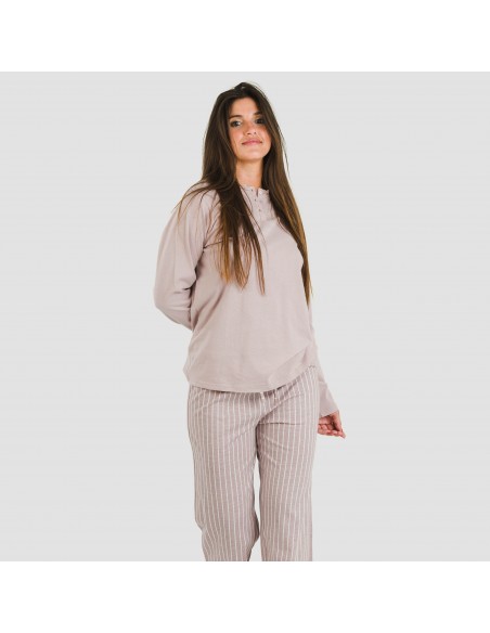 Pijama largo algodón Raya Beatrice malva pijamas-largos-de-mujer