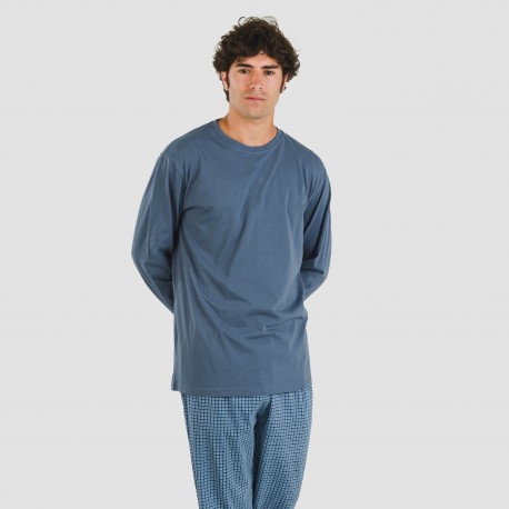 Pijama largo algodón hombre Cuadro Kike azul pijamas-largos-hombre