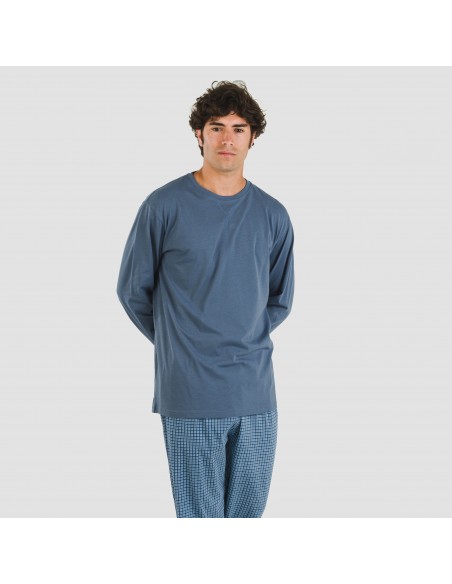 Pijama largo algodón hombre Cuadro Kike azul pijamas-largos-hombre