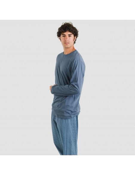 Pijama largo algodón hombre Cuadro Kike azul pijamas-largos-hombre