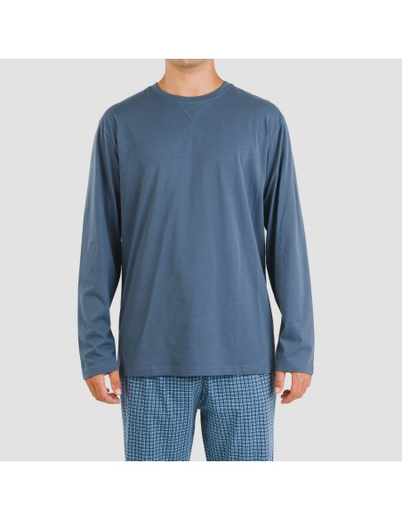 Pijama largo algodón hombre Cuadro Kike azul pijamas-largos-hombre