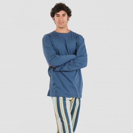 Pijama largo algodón hombre Raya Cap azul pijamas-largos-hombre