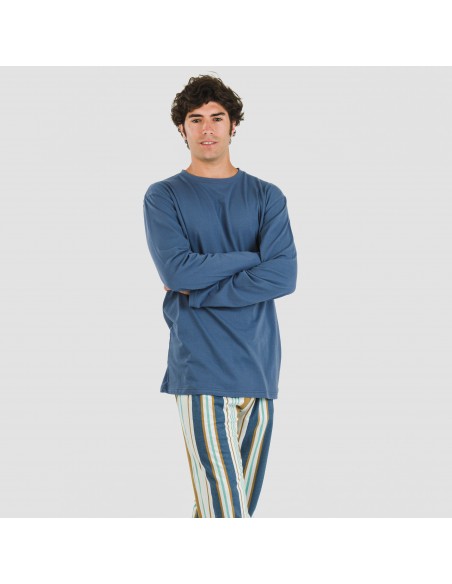 Pijama largo algodón hombre Raya Cap azul pijamas-largos-hombre