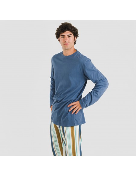 Pijama largo algodón hombre Raya Cap azul pijamas-largos-hombre