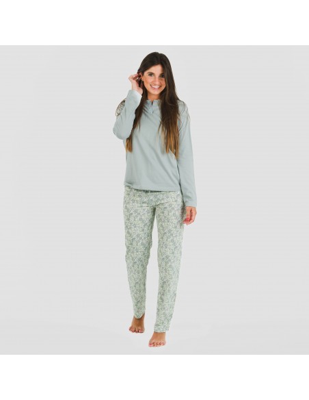 Pijama largo algodón Nadia verde azulado pijamas-largos-de-mujer