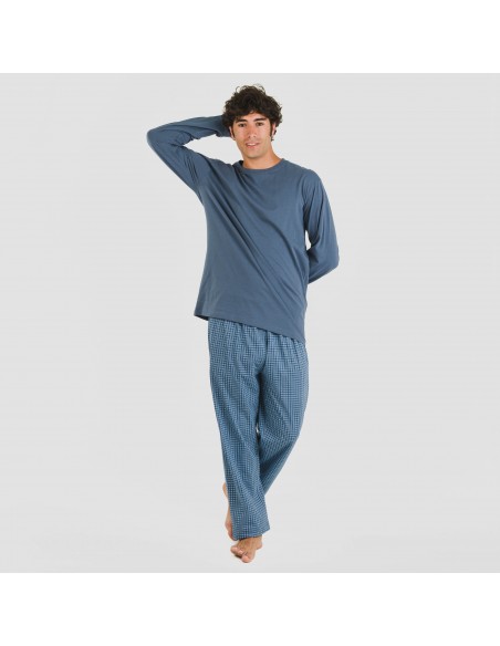 Pijama largo algodón hombre Cuadro Kike azul pijamas-largos-hombre