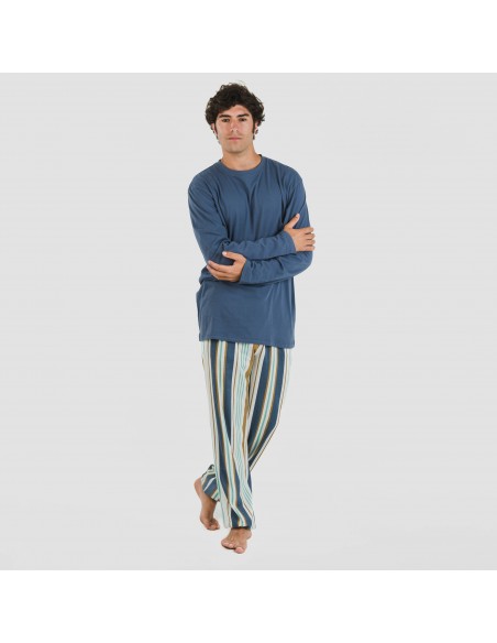 Pijama largo algodón hombre Raya Cap azul pijamas-largos-hombre