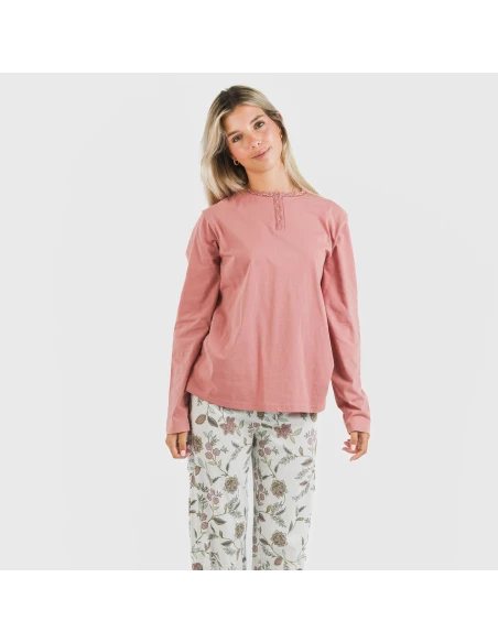 Pijama largo algodón Rosaura marsala pijamas-largos-de-mujer