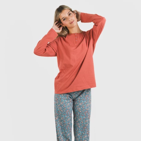 Pijama largo algodón Campiña teja pijamas-largos-de-mujer