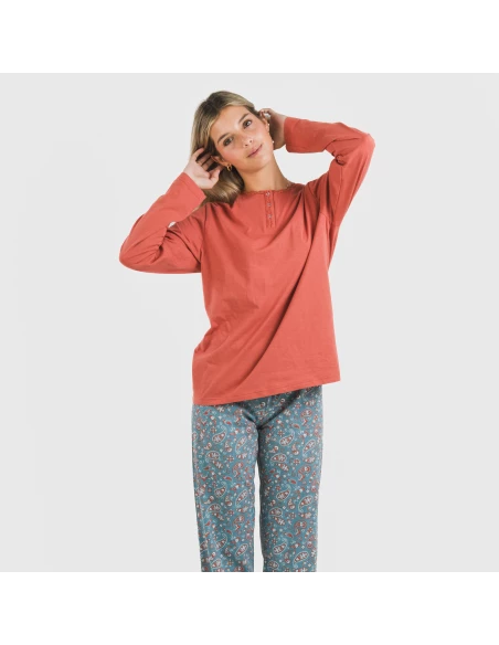 Pijama largo algodón Campiña teja pijamas-largos-de-mujer