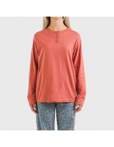 Pijama largo algodón Campiña teja pijamas-largos-de-mujer
