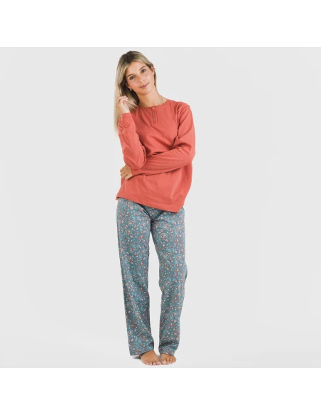 Pijama largo algodón Campiña teja pijamas-largos-de-mujer