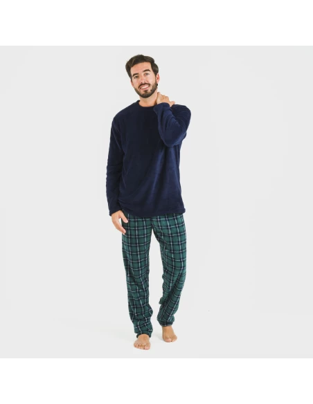 Pijama coral hombre Cuadro Ruz azul marino pijamas-largos-hombre