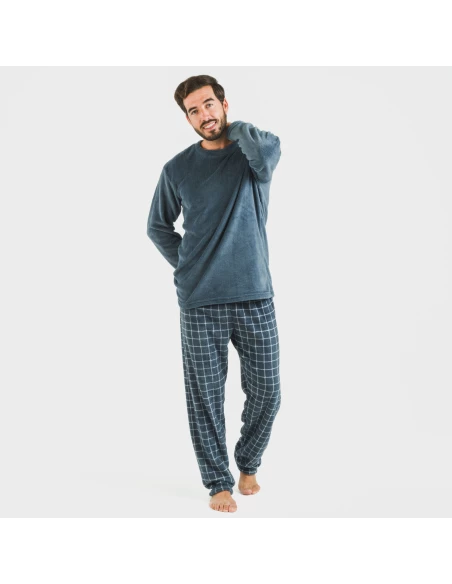 Pijama coral hombre Cuadro Pruden azul azafata pijamas-largos-hombre