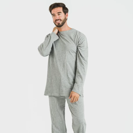 Pijama largo algodón hombre Beto gris mezcliyado pijamas-largos-hombre