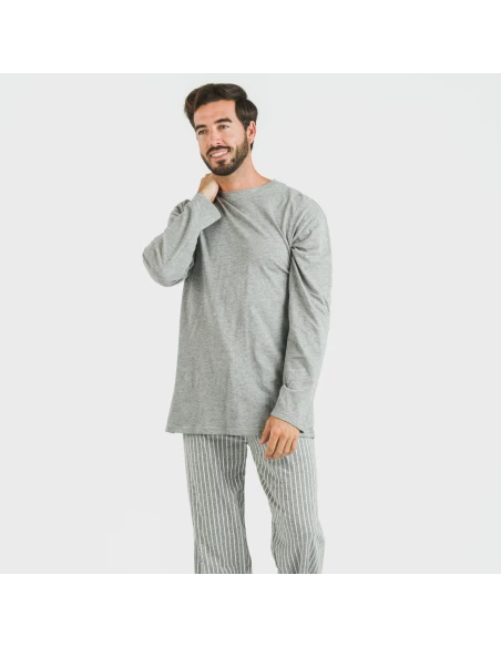 Pijama largo algodón hombre Beto gris mezcliyado pijamas-largos-hombre