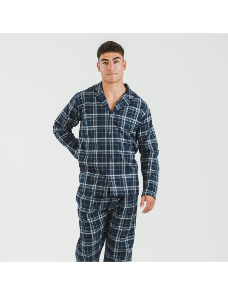 Pijama franela con solapa hombre Cuadro Brais azul pijamas-largos-hombre