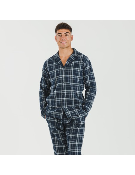 Pijama franela con solapa hombre Cuadro Brais azul pijamas-largos-hombre